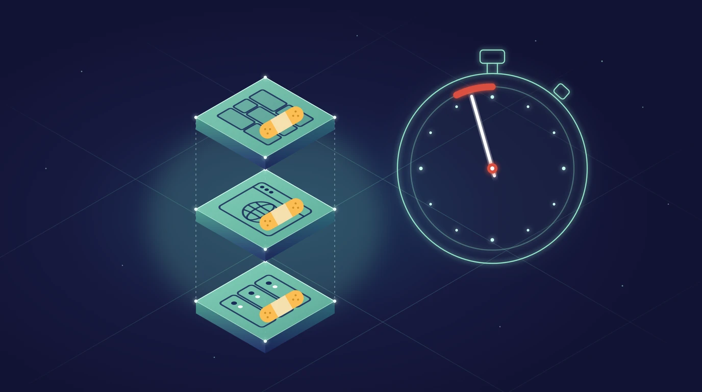 Illustration of three layers, a network, a website and a server, each with a plaster on it, next to a ticking stopwatch