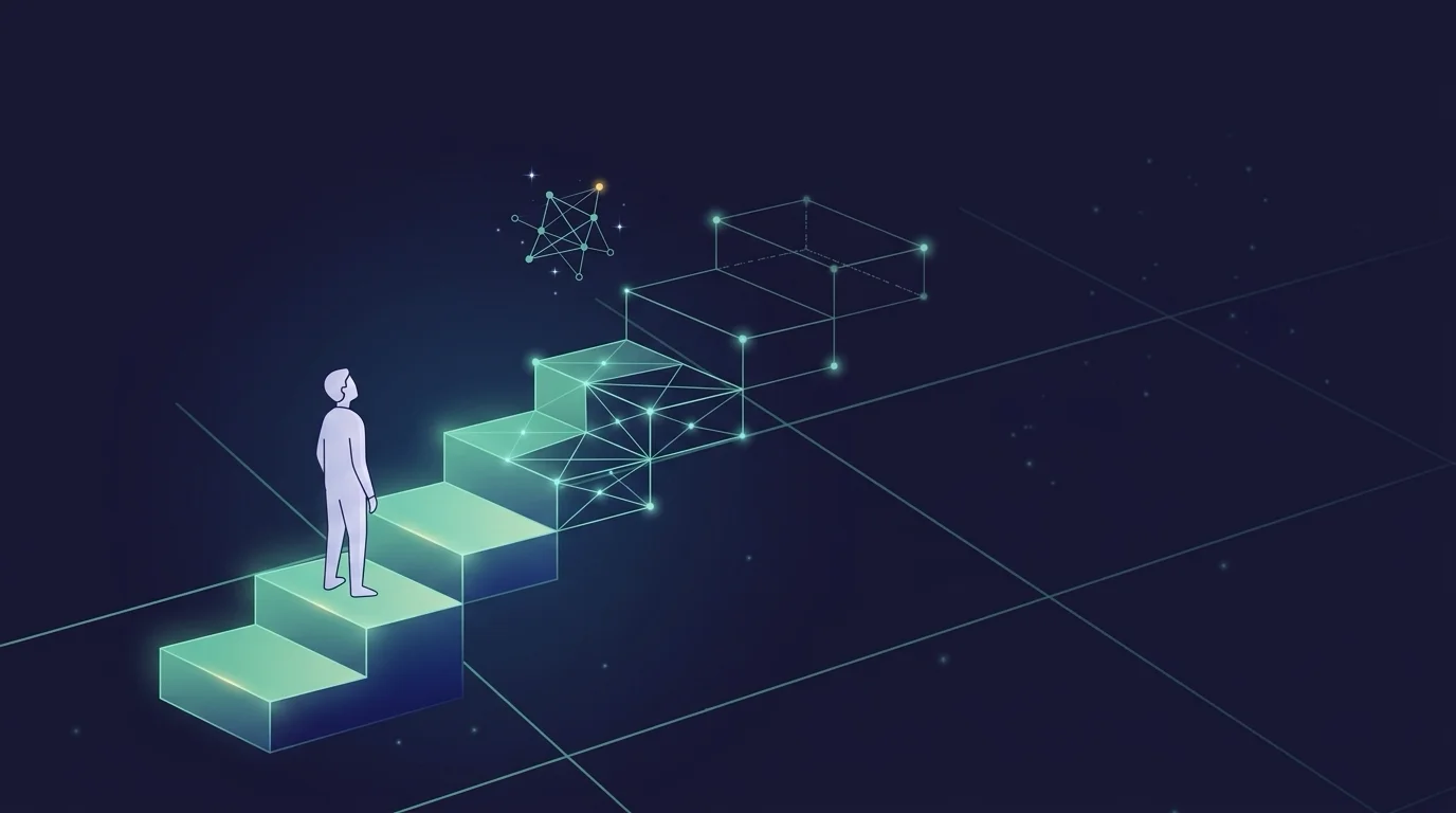 Illustration of a person on a staircase of lit steps, looking up at the next steps and a symbol for AI