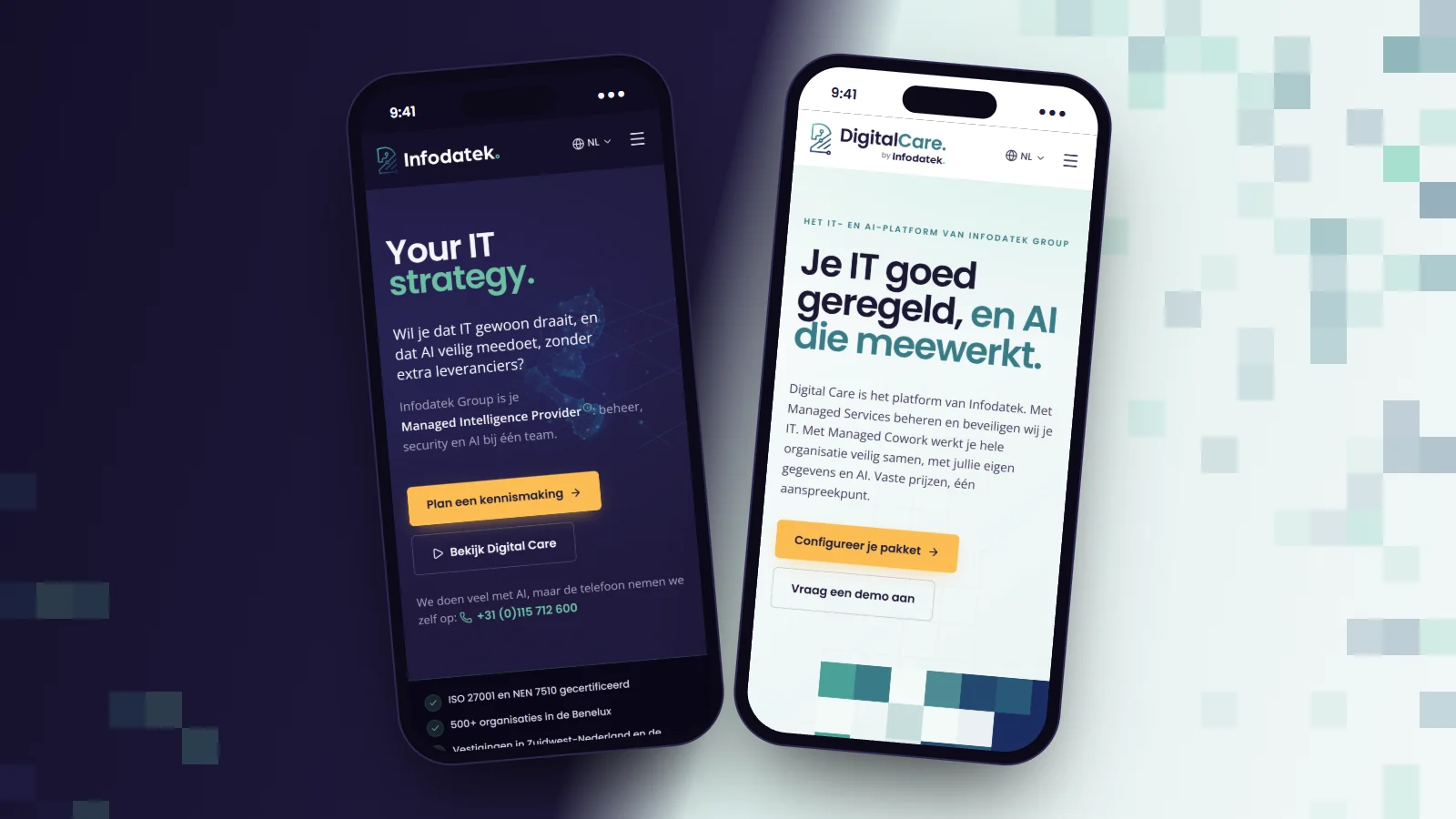 Two phones side by side: on the left the new infodatek.com homepage, dark with the heading Your IT strategy, on the right the digitalcare.net homepage, light with the heading about IT well arranged and AI that works along.