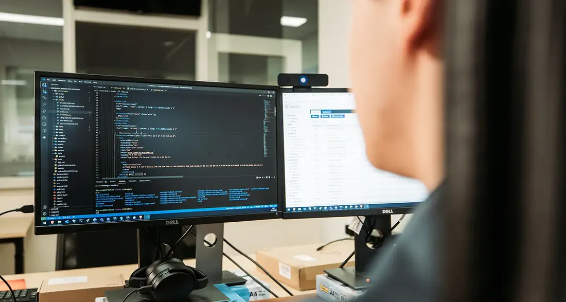 Two screens with code and a dashboard, seen over the shoulder of an Infodatek Group colleague.