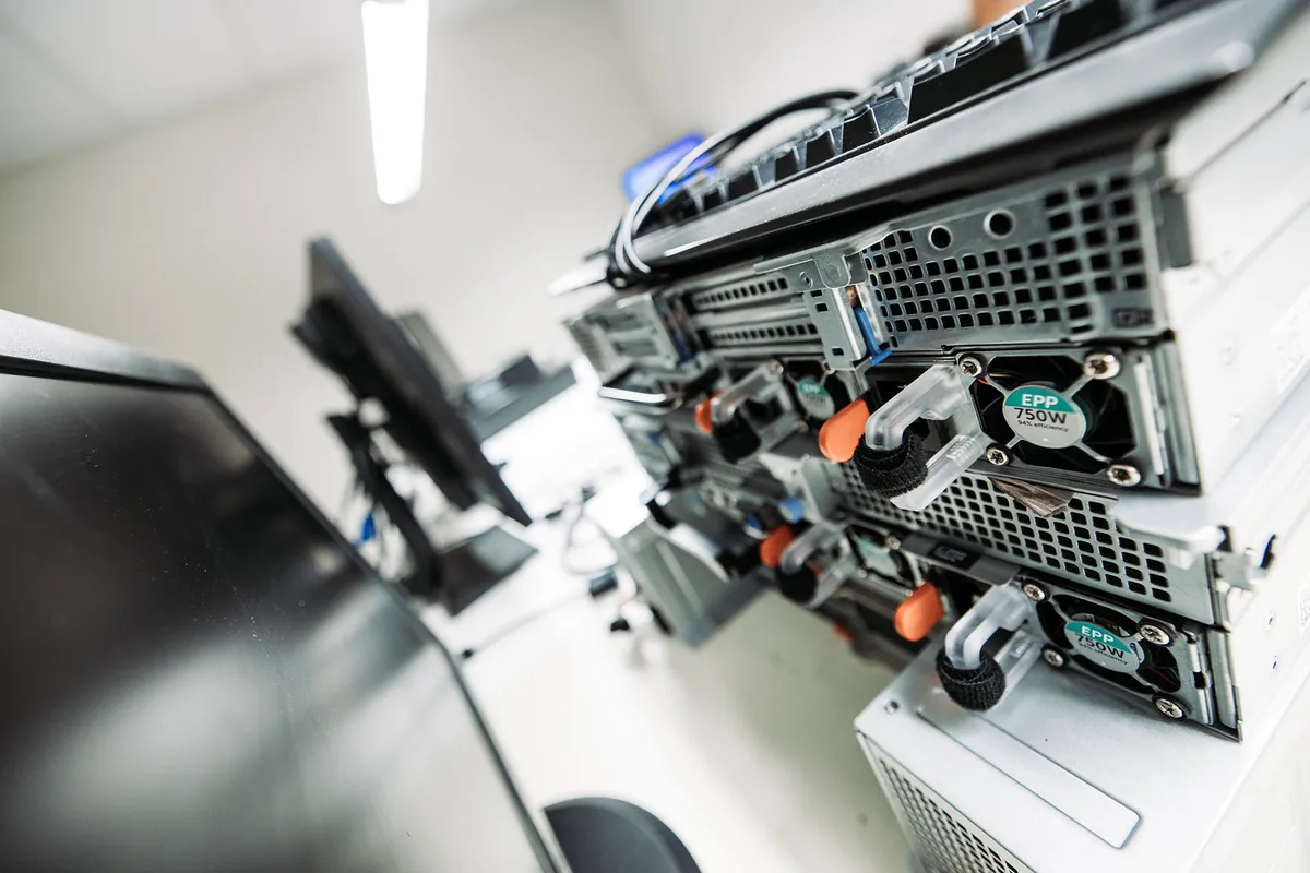 An open server with network cables, photographed up close.