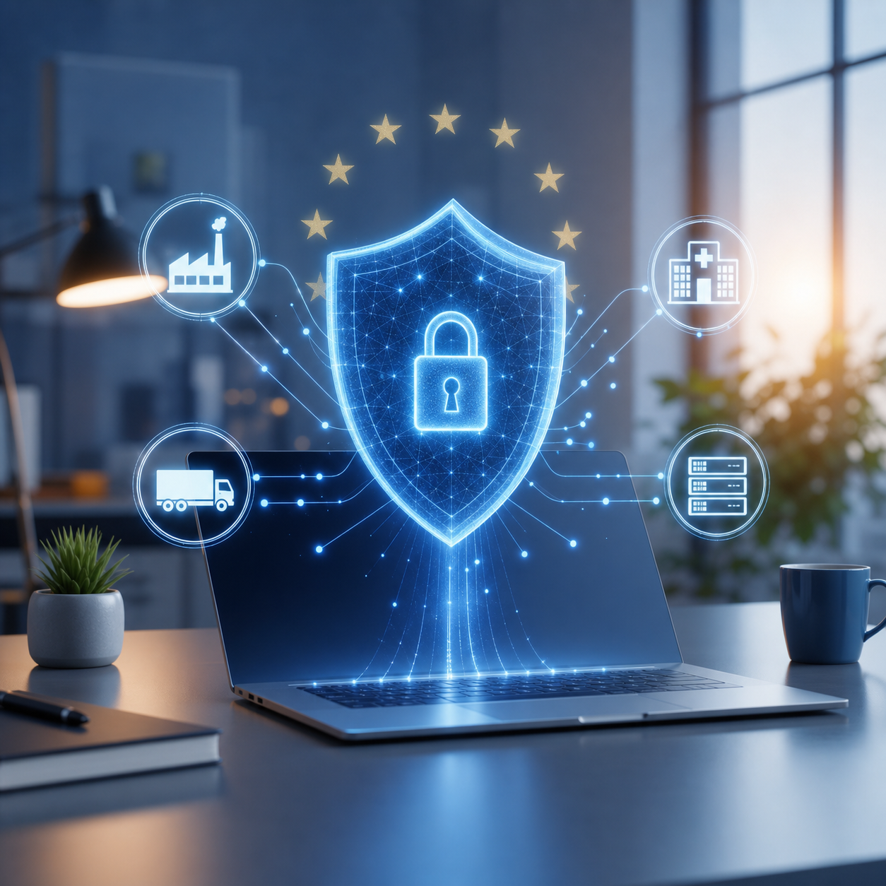 European NIS2 Cybersecurity Directive Digital Shield Visualization
