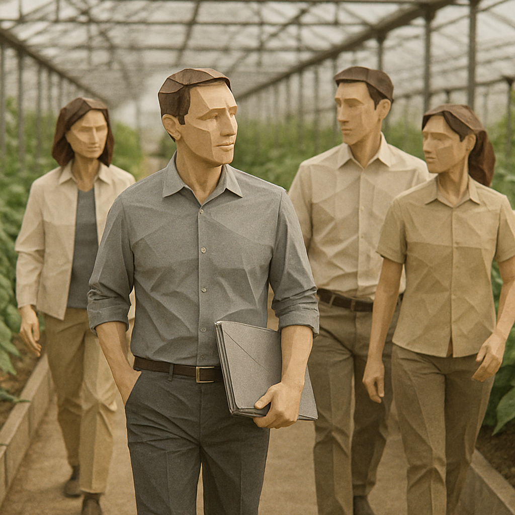 origami An experienced IT guy walking in a greenhouse company with other people He is quite experienced and smart And no glasses and no tie You need t-4